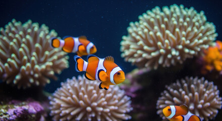Clownfish's Lively underwater Paradise: Several vibrant clownfish dart playfully amidst a lush, coral reef ecosystem, their orange and white stripes contrasting beautifully with the azure backdrop.  