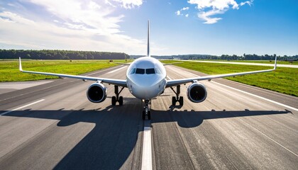 Obraz premium Front view of commercial airplane on runway preparing for takeoff at airport under blue sky