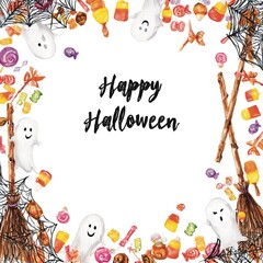 Fototapeta premium Watercolor Halloween border with spiderwebs, candy, broomsticks and smiling ghosts, central white area with 