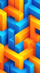 Obraz premium Abstract isometric composition. Blue and orange shapes interlock in a complex, three-dimensional arrangement, creating a visually stimulating design