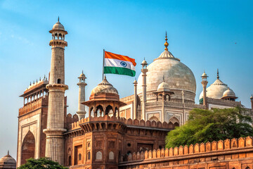Fototapeta premium Ornate historical architecture with domes towers and indian flag under blue sky