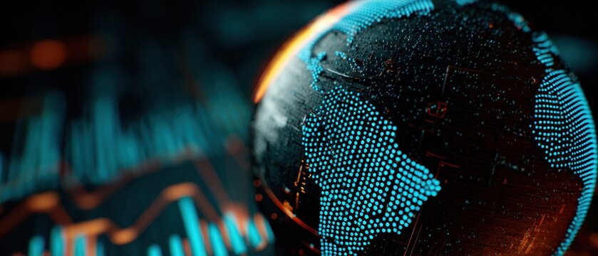 The globe surrounded by digital data visualizations and network designs.