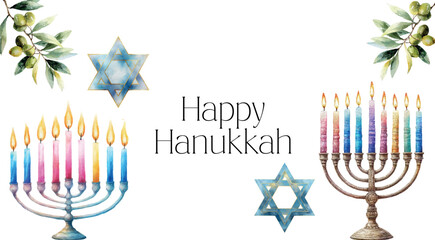 Happy Hanukkah banner. Hanukkah banner with watercolor elements of Hanukkah candles, Star of David and Olive branch. Hanukkah symbols. Vector illustration.