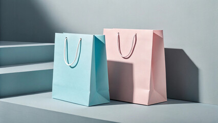 Minimalist and moody product shot of empty gift bags with strong shadows