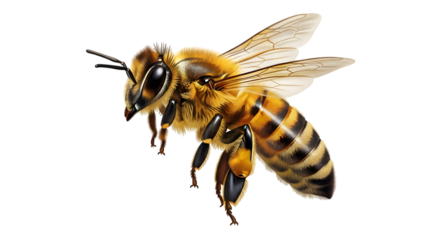 Detailed close-up illustration of a bee in flight against a black background
