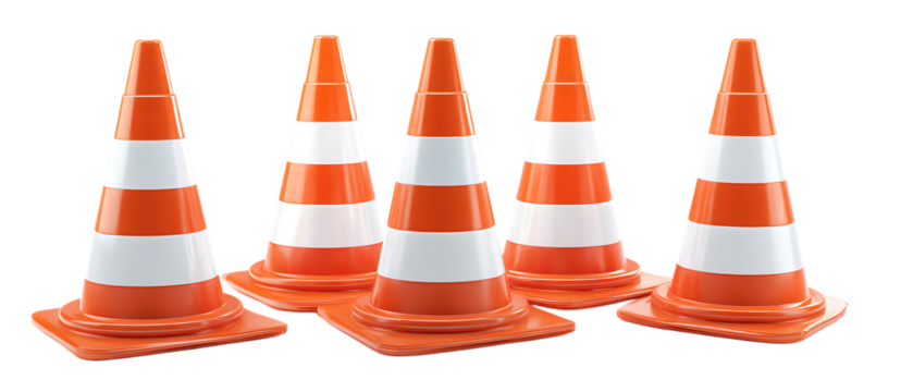 Five orange and white striped traffic cones isolated on transparent background.