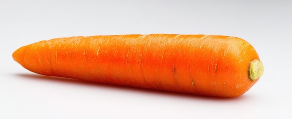 An orange, ripe carrot lies on a white surface, its skin smooth with textured ridges.  The base shows a cut and the top tapers to a point