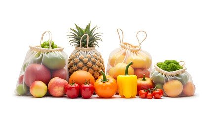 Ecology A set of reusable mesh produce bags filled with fresh fruit, isolated on a white background, for promoting plastic-free grocery shopping(1)