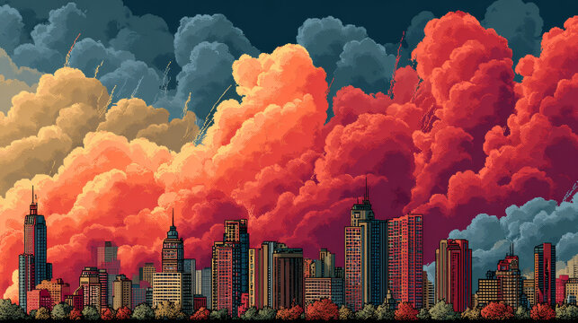 City buildings under red clouds
