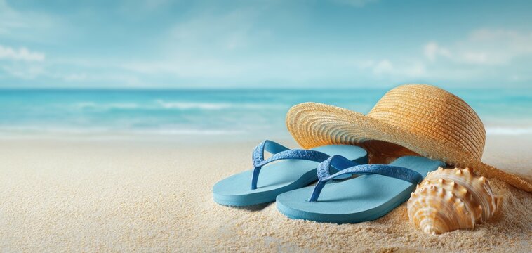 The blue flip-flops and straw hat on a sandy beach during summer sunshine.