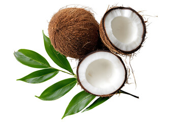 Two whole and halved coconuts with green leaves