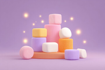 Colorful geometric shapes on purple background