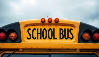Close-up of yellow school bus roof with &ldquo;SCHOOL BUS&rdquo; lettering and lights