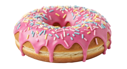 Studio shot of a delicious donut with pink icing and colorful sprinkles isolated
