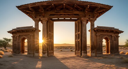Ancient wooden gateway sunrise desert landscape