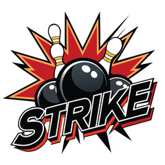 Bowling strike illustration with pins and ball isolated on white background for sport and recreation theme