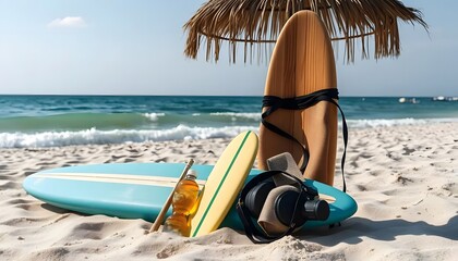 Surfboards and beach gear resting on a sandy shore with ocean waves and a thatched umbrella