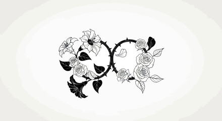 Gothic intertwined floral skull symbols with roses and thorns illustration.