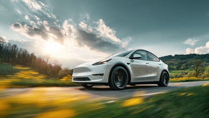 A white electric vehicle speeds along a country road with a bright sun, capturing a dynamic moment