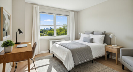 Fototapeta premium A photorealistic, inviting shot of a beautifully furnished, clean, and well-lit single room for rent. The room features a comfortable bed with soft linens, a small desk with a plant, and a large wind