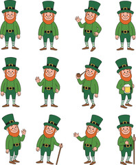 Leprechaun Vector Set with Various Poses, Cartoon Irish Character for Saint Patrick’s Day, Folklore Festival, Holiday, and Celebration Projects