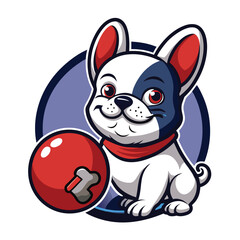 Cute cartoon french bulldog puppy sitting next to a red ball isolated on white background vector illustration