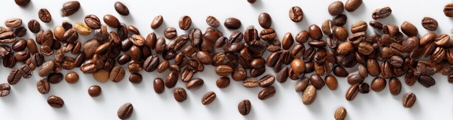 Fototapeta premium A line of coffee beans, various shades of brown, scattered across a white surface, viewed from above