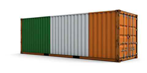 Fototapeta premium Image features a digital rendering of a shipping container with the design of the Ireland national flag. The background is white