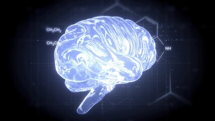 Futuristic Glowing Digital Brain Hologram with Chemical Symbols on Dark Background Exploring Intersection of Technology, Neuroscience, and Innovation in Scientific Atmosphere - Powered by Adobe