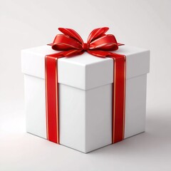Fototapeta premium Elegant white gift box with bright red and gold ribbon, tied in a bow. Festive, clean aesthetic against a softly shaded white background