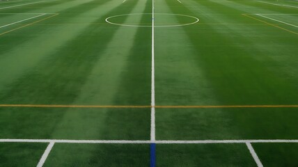 Top down view of pristine green sports field lines and goalposts ready for play
