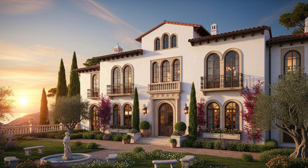 Fototapeta premium A grand Mediterranean villa with classic architecture, featuring a white facade, arched windows, and a terracotta tile roof, set against a backdrop of a stunning sunset over the sea