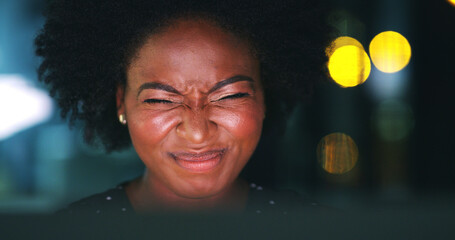 Business, night and black woman in office, headache and eyes strain with tension, pressure and...
