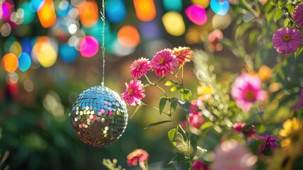 Obraz premium Shiny mirror ball ornament among pink flowers with colorful fairy lights in the background, magical garden party