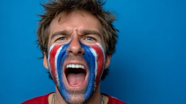 Man with blue, red and white face paint is yelling. The man's face is painted with the colors of the flag of the country he is supporting