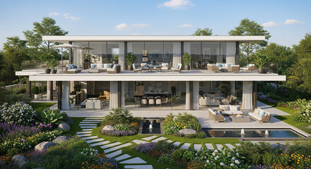 Fototapeta premium Luxury modern villa exterior with a beautiful garden, two-level terrace, and a swimming pool. The house features minimalist design, floor-to-ceiling windows, and stylish outdoor furniture
