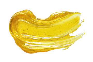 A vibrant, golden-yellow, glossy smear, like a cosmetic product or viscous substance, swirled and streaked across a white background.  