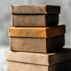 Stack of square brown cardboard boxes, one slightly tan, on a textured grey surface, casting soft shadows