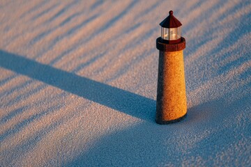 Miniature lighthouse casting a long shadow on desert sand.