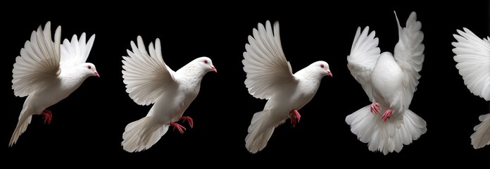 A sequence of white doves against a black background depicts flight progression, wings outstretched, in stages of ascension and graceful movement