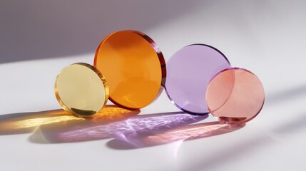 Obraz premium Business growth and innovation concept with vibrant colored discs casting shadows on a clean background.