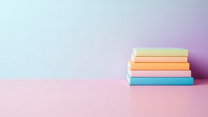 Stack of pastel colored books on a pink table and gradient wall