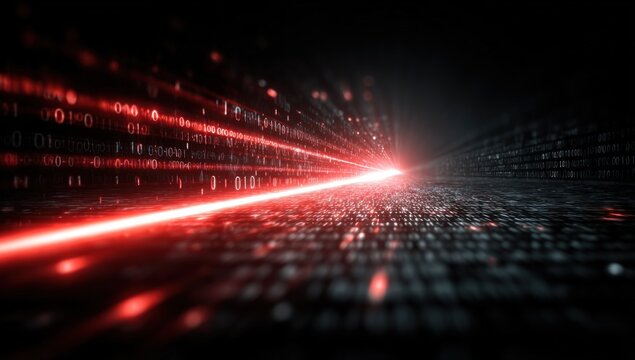 Abstract digital composition featuring a red light streak emanating from binary code, dark background
