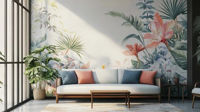 Modern living room interior design with tropical wallpaper and sunlight