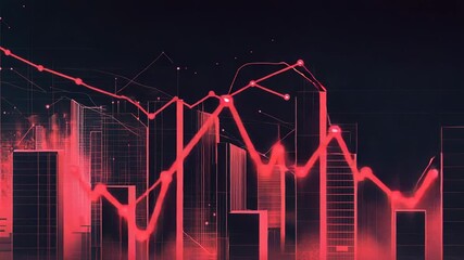 Red stock market graph fluctuating over cityscape skyline at night - Powered by Adobe