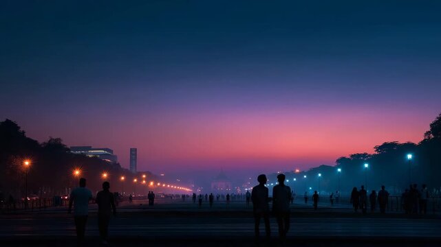 Serene and artistic silhouette cityscape of Delhi near India Gate at twilight, sky gradient from deep blue to soft pastel pink and orange, dark silhouettes of walking people contrast with illuminated 