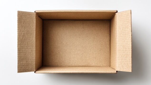 Top down view of an empty open brown cardboard box on a white background.