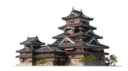 Fototapeta premium Photorealistic Reconstructed Japanese Castle with Traditional Architecture and Stone Base