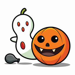 Cute halloween pumpkin and ghost cartoon illustration isolated on white background