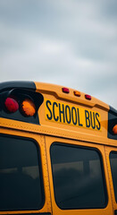 Close-up of yellow school bus roof with &ldquo;SCHOOL BUS&rdquo; lettering and lights